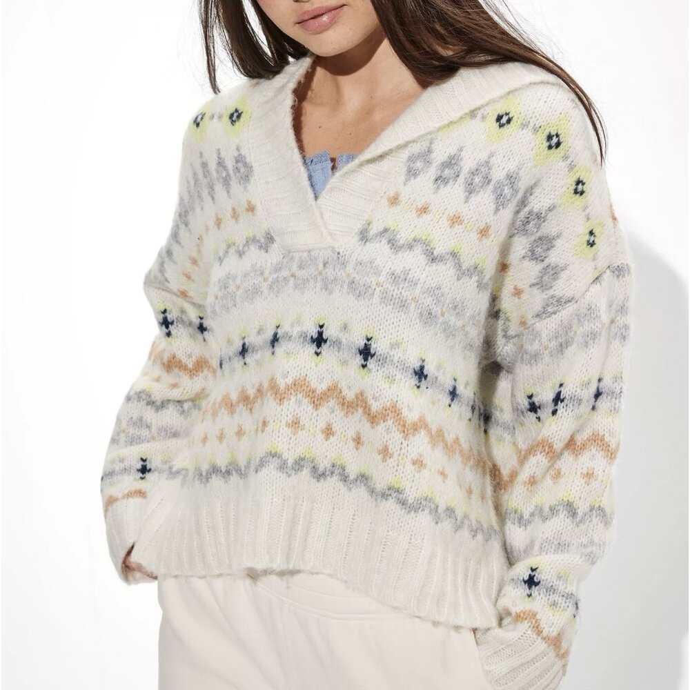 American Eagle Women Sweater Fair isle Hooded Size L Cropped Wool Blend Cozy - Picture 7 of 11